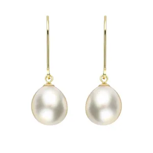 18ct Yellow Gold White Pearl 9mm Lever Back Drop Earrings