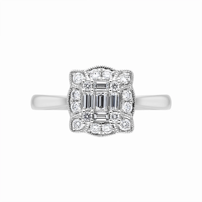 18ct White Gold 0.45ct Diamond Baguette Cut Vintage Style Cluster Ring