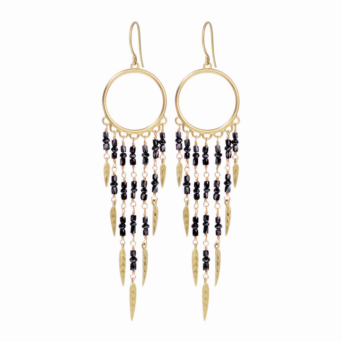 18K Gold Dream Catcher Earrings with Black Diamonds
