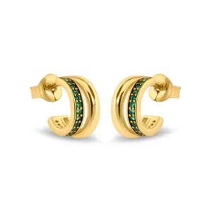 925 Sterling Silver Golden Plated Split Hoop Green CZ Stud Earrings - BGE00751
