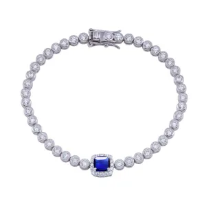 925 Sterling Silver Green CZ Blue Halo Center Bubble 3.5mm Tennis Bracelet - BGB00363BLUE