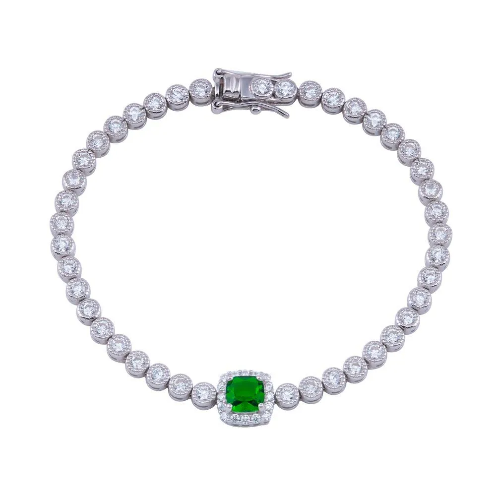 925 Sterling Silver Green CZ Green Halo Center Bubble Tennis Bracelet - BGB00363