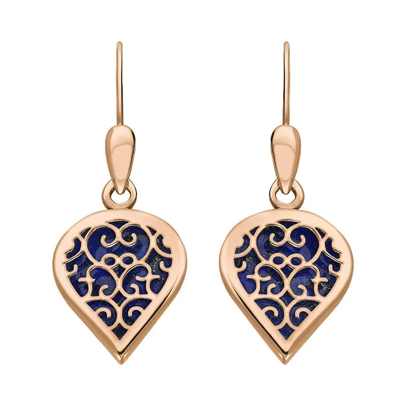 9ct Rose Gold Lapis Lazuli Flore Filigree Heart Drop Earrings