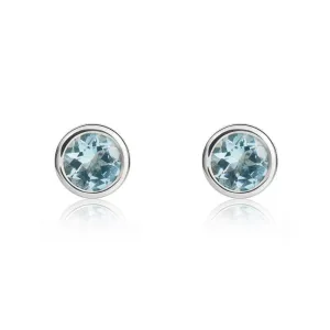 9ct White Gold Aquamarine 4mm Round Rub Over Set Stud Earrings