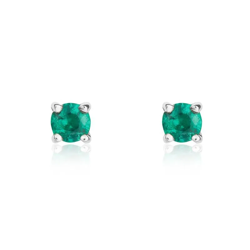 9ct White Gold Emerald 3mm Round Claw Set Stud Earrings