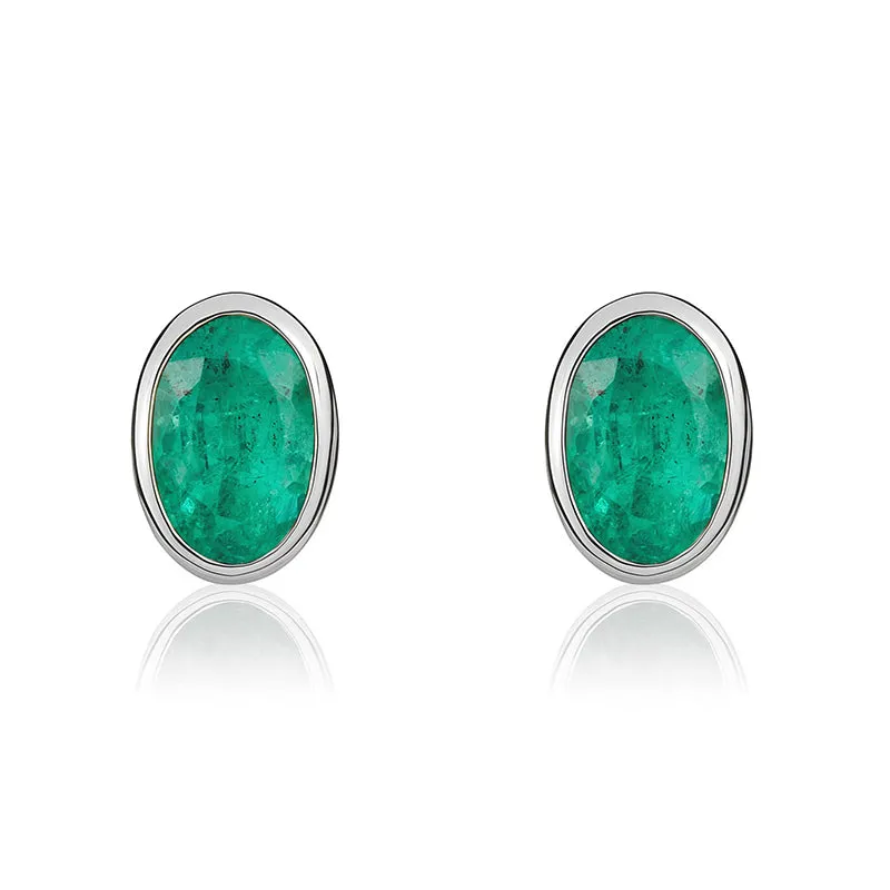 9ct White Gold Emerald 5x3mm Oval Rub Over Set Stud Earrings