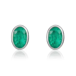 9ct White Gold Emerald 5x3mm Oval Rub Over Set Stud Earrings