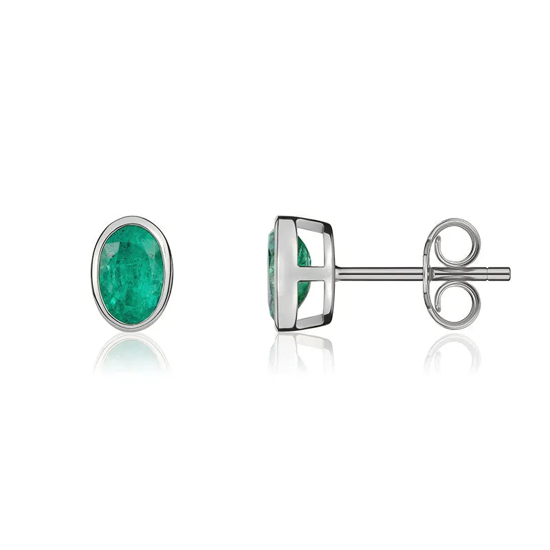 9ct White Gold Emerald 5x3mm Oval Rub Over Set Stud Earrings