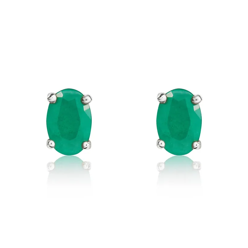 9ct White Gold Emerald 6x4mm Oval Claw Set Stud Earrings