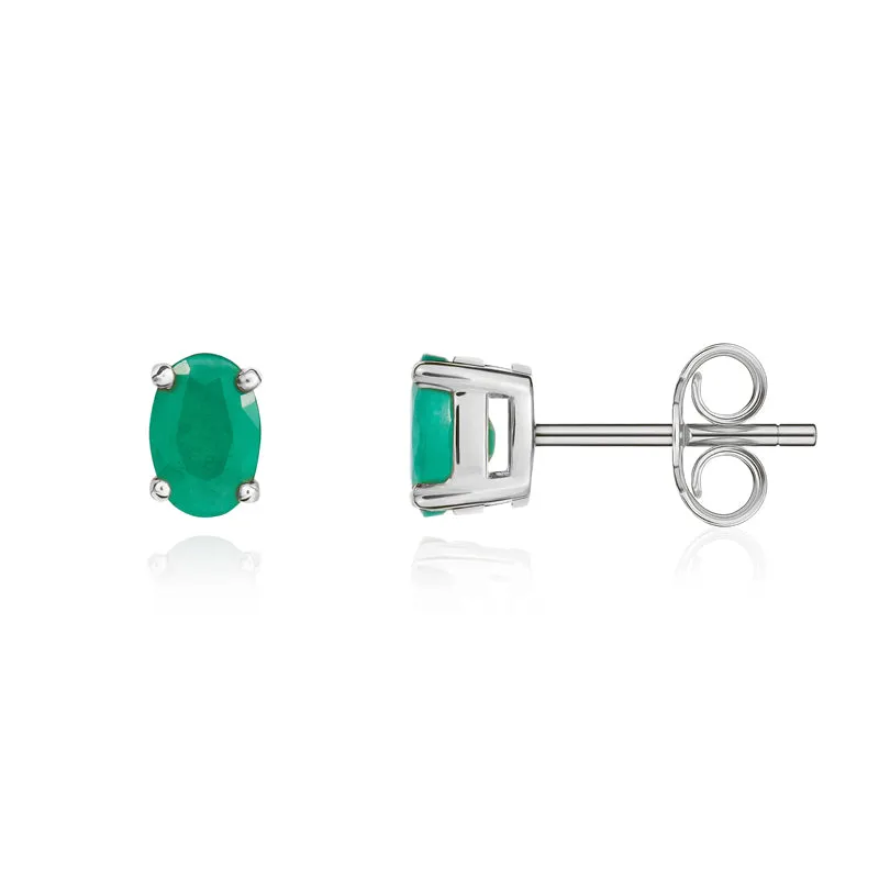 9ct White Gold Emerald 6x4mm Oval Claw Set Stud Earrings
