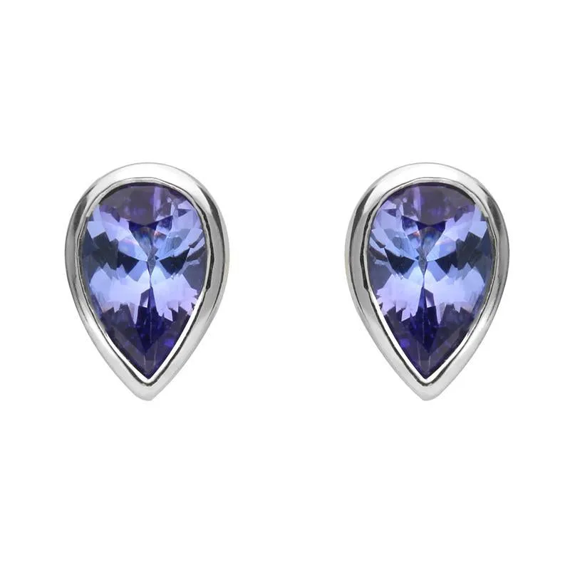 9ct White Gold Tanzanite 6x4mm Pear Rub Over Set Stud Earrings
