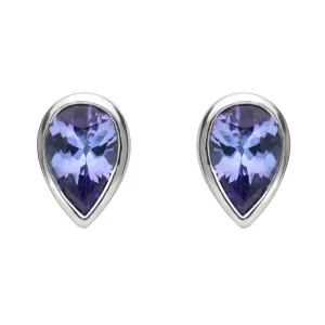 9ct White Gold Tanzanite 6x4mm Pear Rub Over Set Stud Earrings