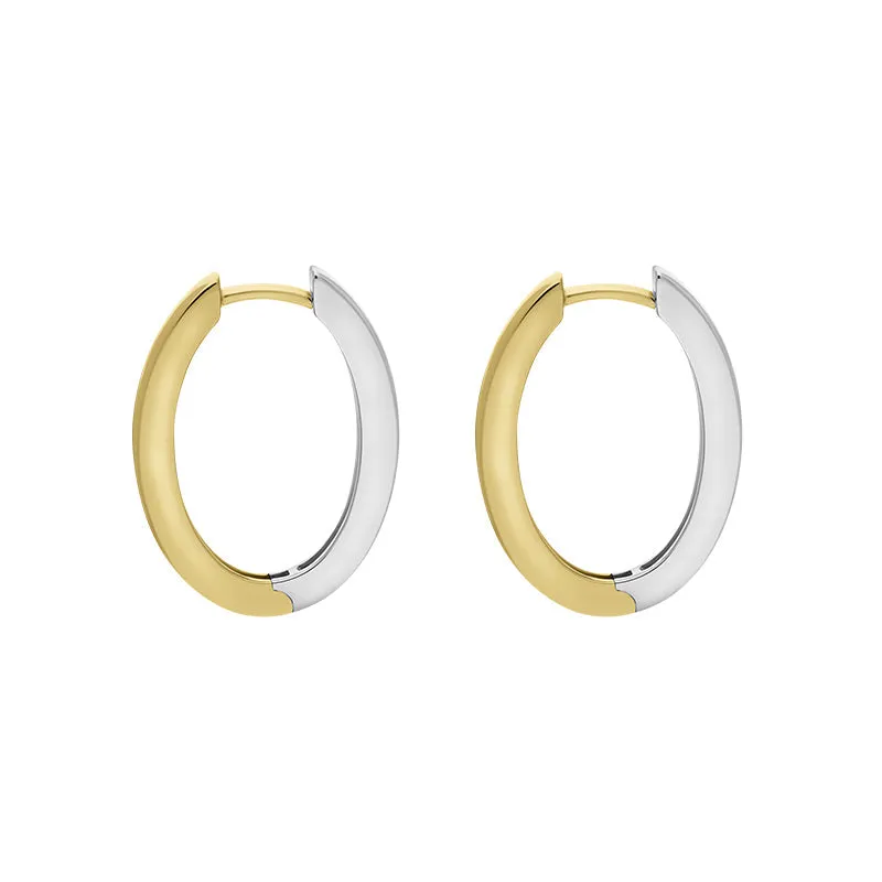 9ct Yellow and White Gold Flat Oval Hoop Earrings