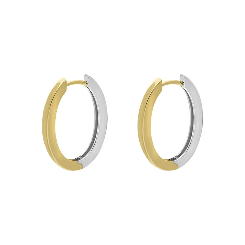9ct Yellow and White Gold Flat Oval Hoop Earrings