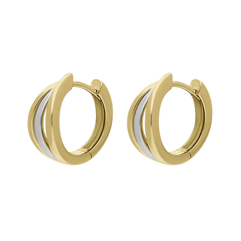 9ct Yellow and White Gold Round Three Row Hoop Earrings