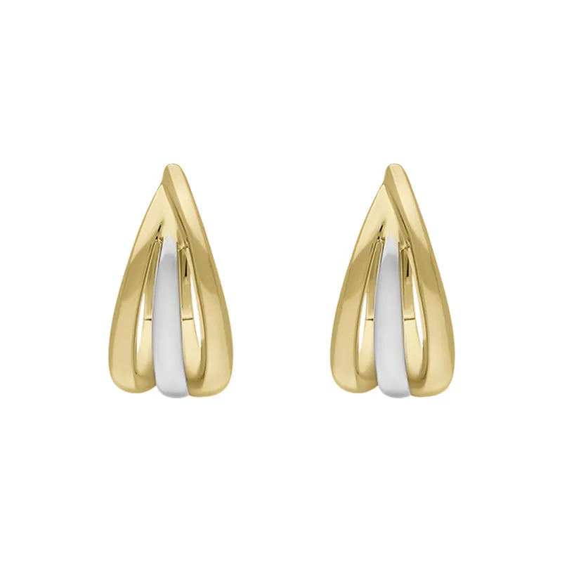 9ct Yellow and White Gold Round Three Row Hoop Earrings