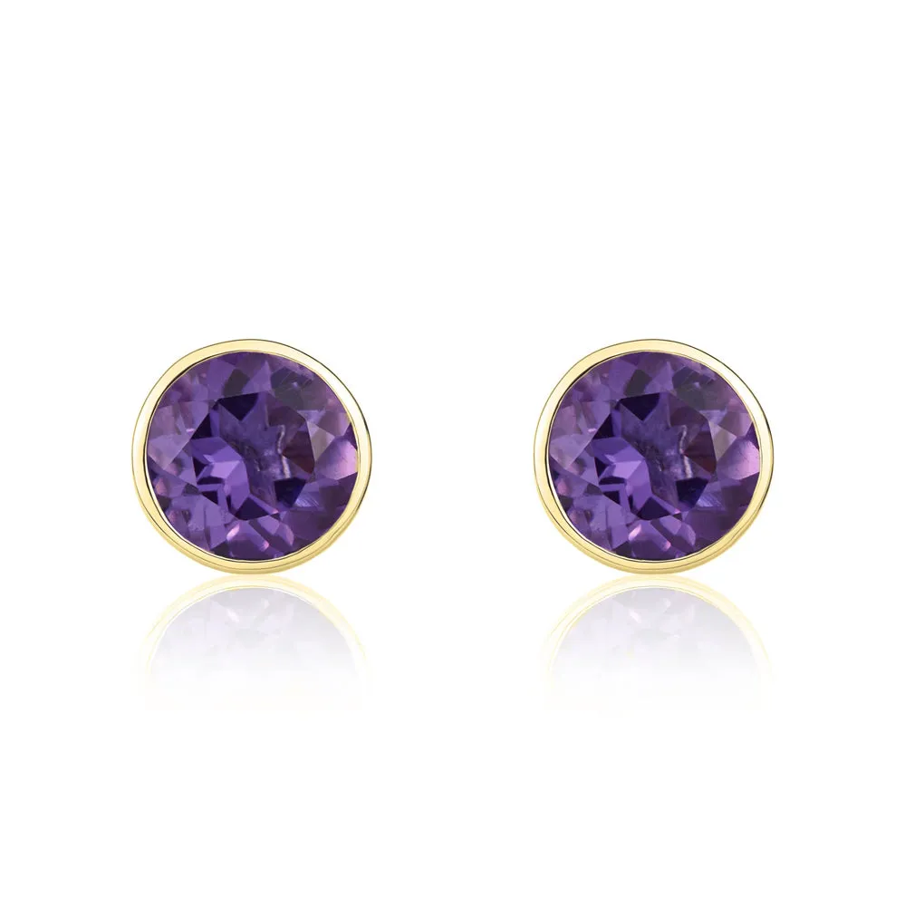 9ct Yellow Gold Amethyst 5mm Round Rub Over Set Stud Earrings