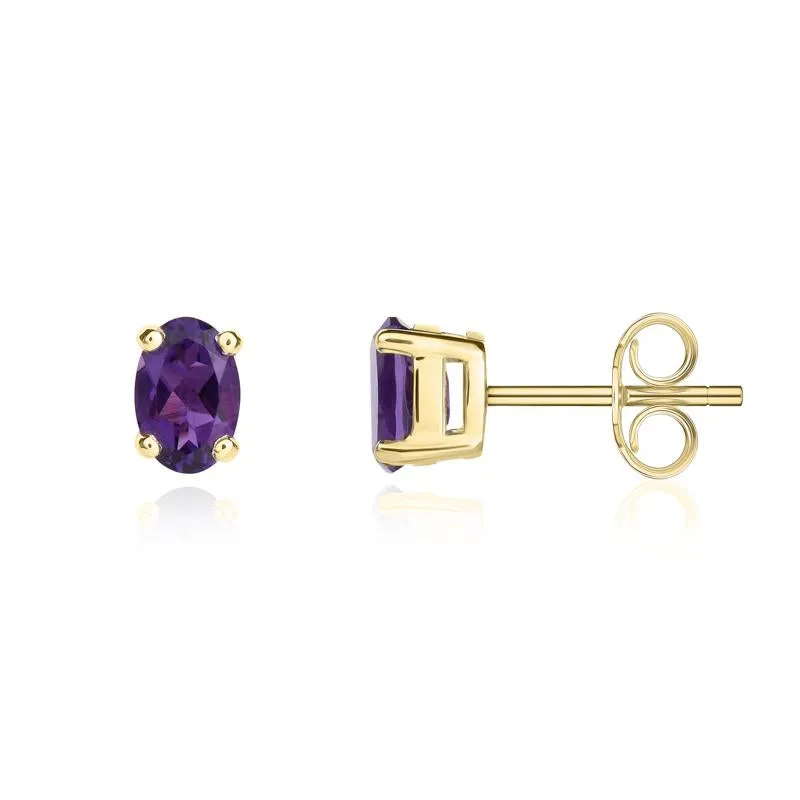 9ct Yellow Gold Amethyst 6x4mm Oval Claw Set Stud Earrings