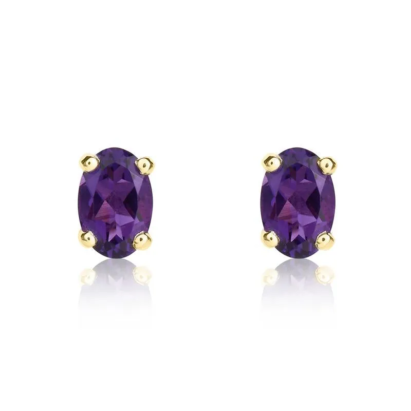 9ct Yellow Gold Amethyst 6x4mm Oval Claw Set Stud Earrings