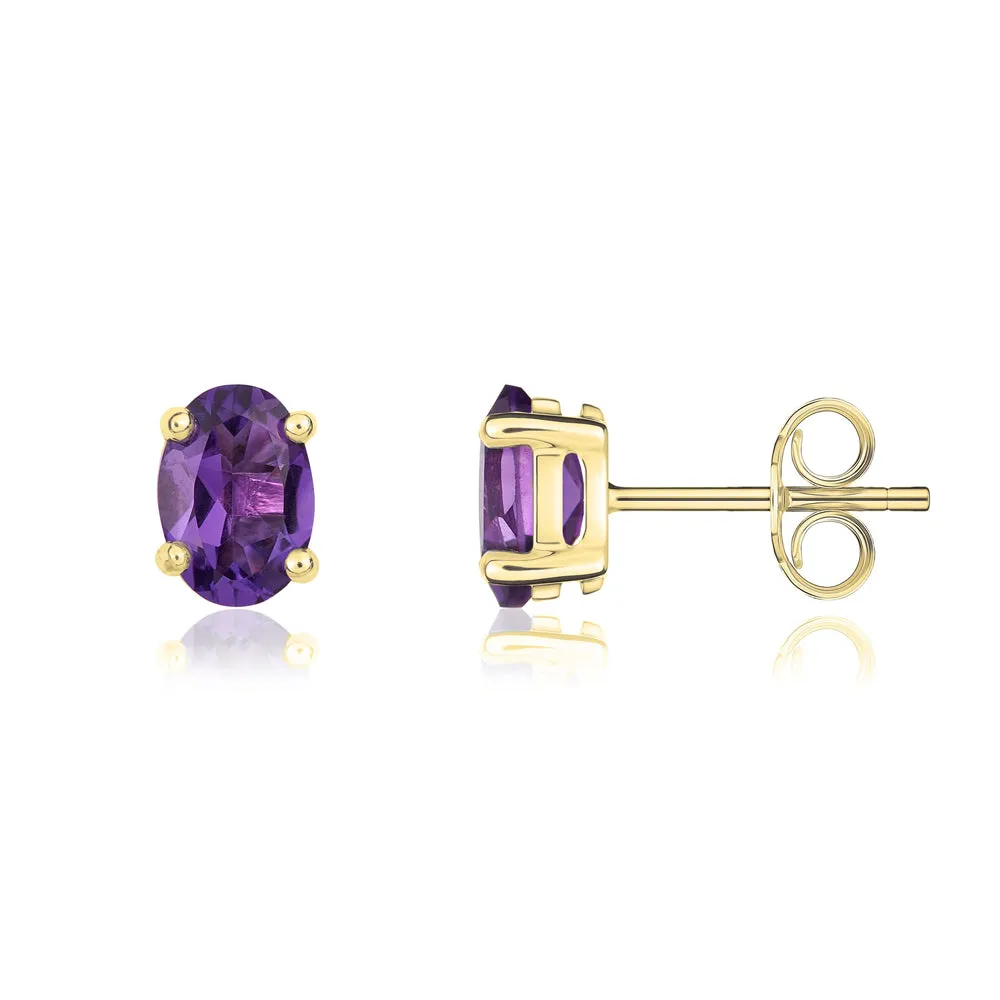 9ct Yellow Gold Amethyst 7x5mm Oval Claw Set Stud Earrings