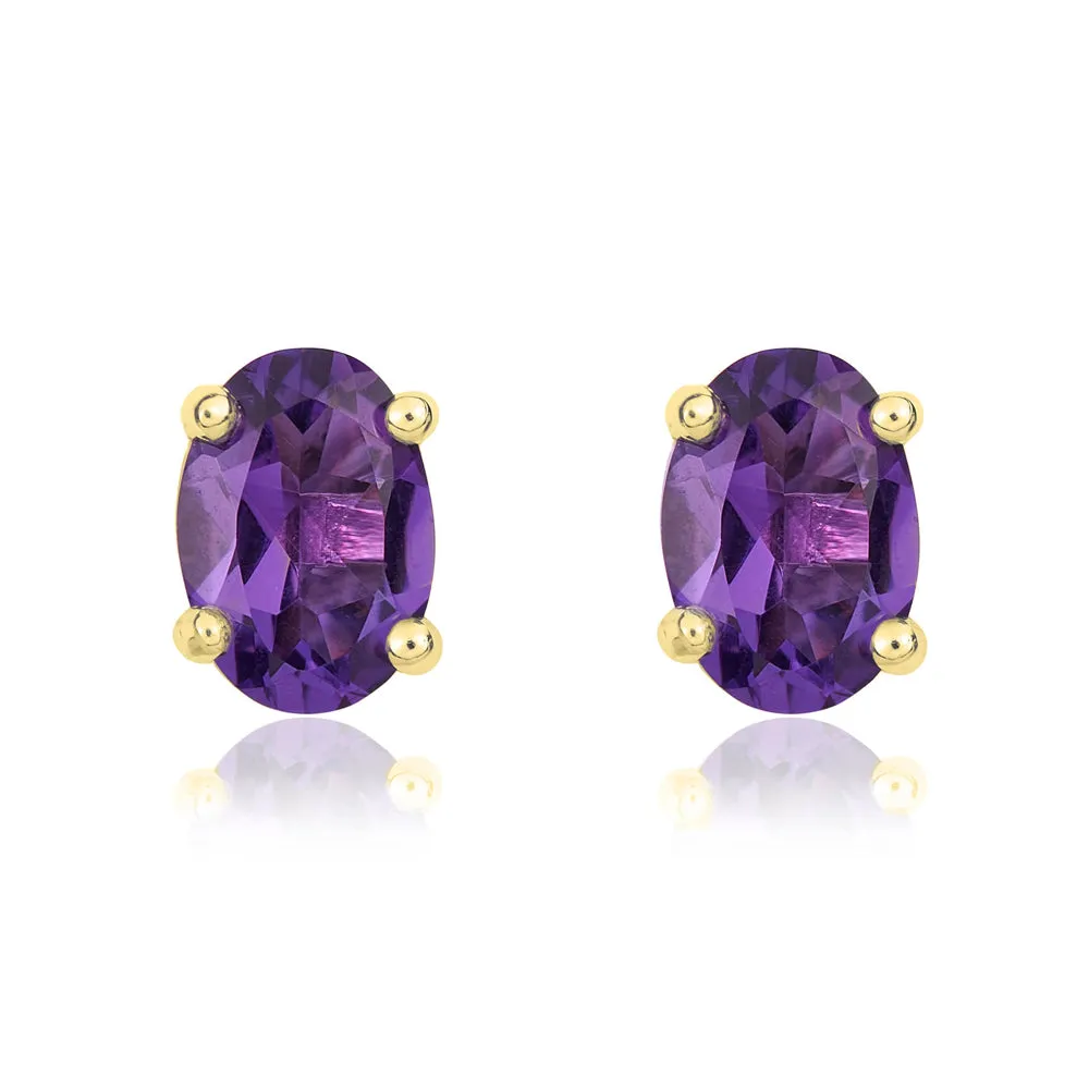 9ct Yellow Gold Amethyst 7x5mm Oval Claw Set Stud Earrings