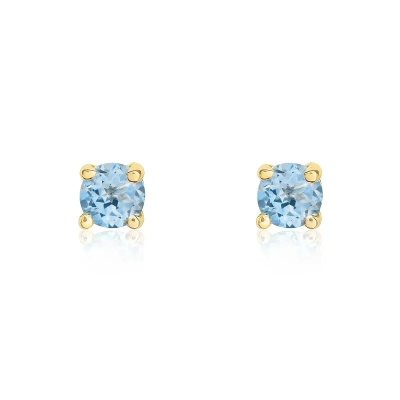 9ct Yellow Gold Aquamarine 3mm Round Claw Set Stud Earrings