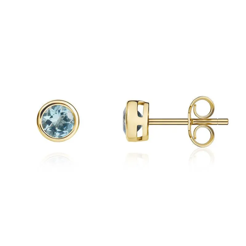 9ct Yellow Gold Aquamarine 4mm Round Rub Over Set Stud Earrings