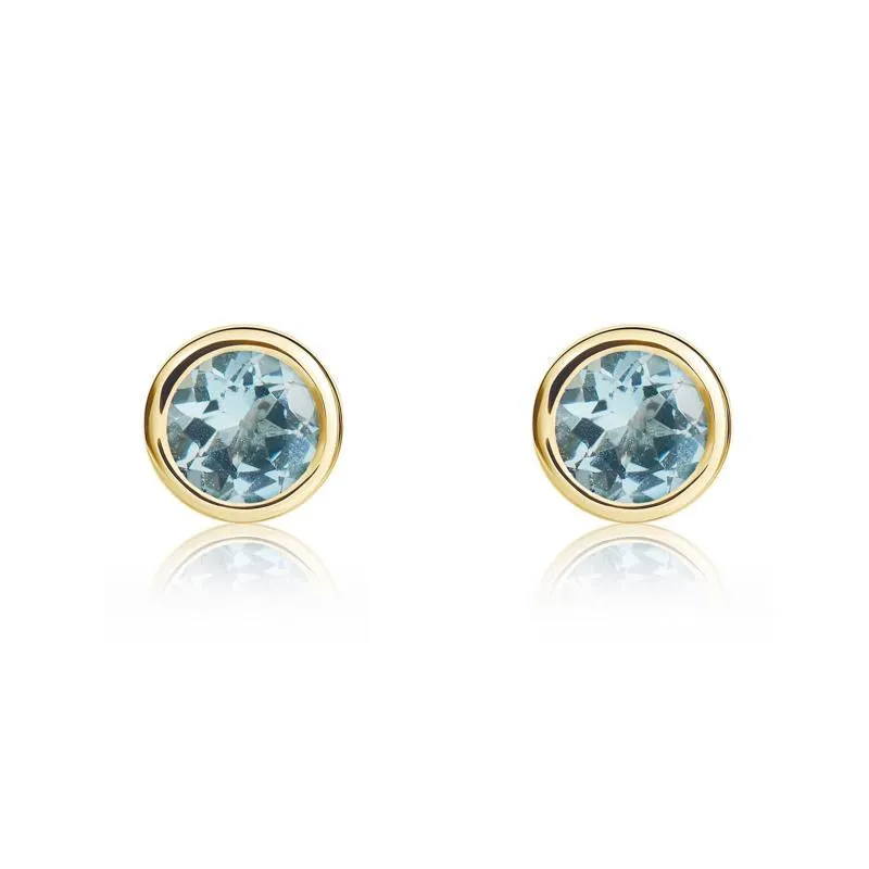 9ct Yellow Gold Aquamarine 4mm Round Rub Over Set Stud Earrings