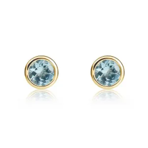 9ct Yellow Gold Aquamarine 4mm Round Rub Over Set Stud Earrings