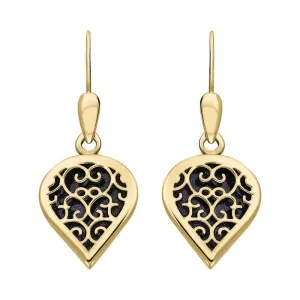 9ct Yellow Gold Blue Goldstone Flore Filigree Heart Drop Earrings