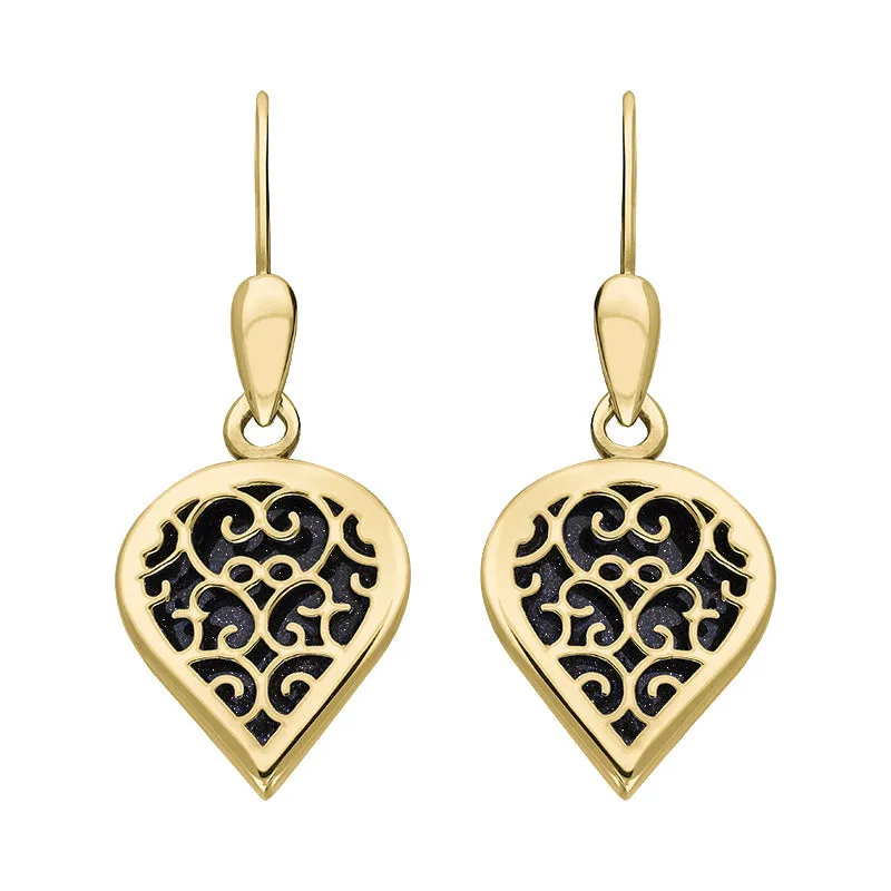 9ct Yellow Gold Blue Goldstone Flore Filigree Heart Drop Earrings