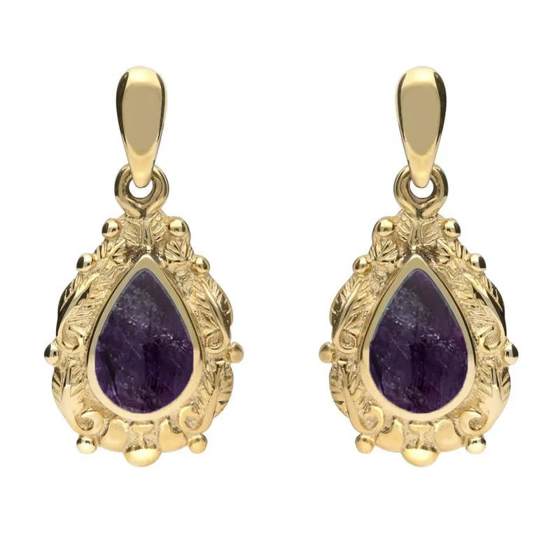 9ct Yellow Gold Blue John Pear Shaped Leaf Drop Earrings