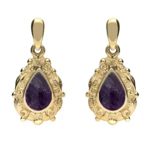 9ct Yellow Gold Blue John Pear Shaped Leaf Drop Earrings
