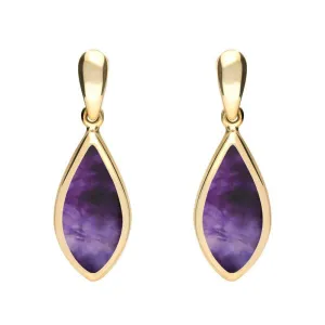 9ct Yellow Gold Blue John Small Pointed Pear Drop Earrings