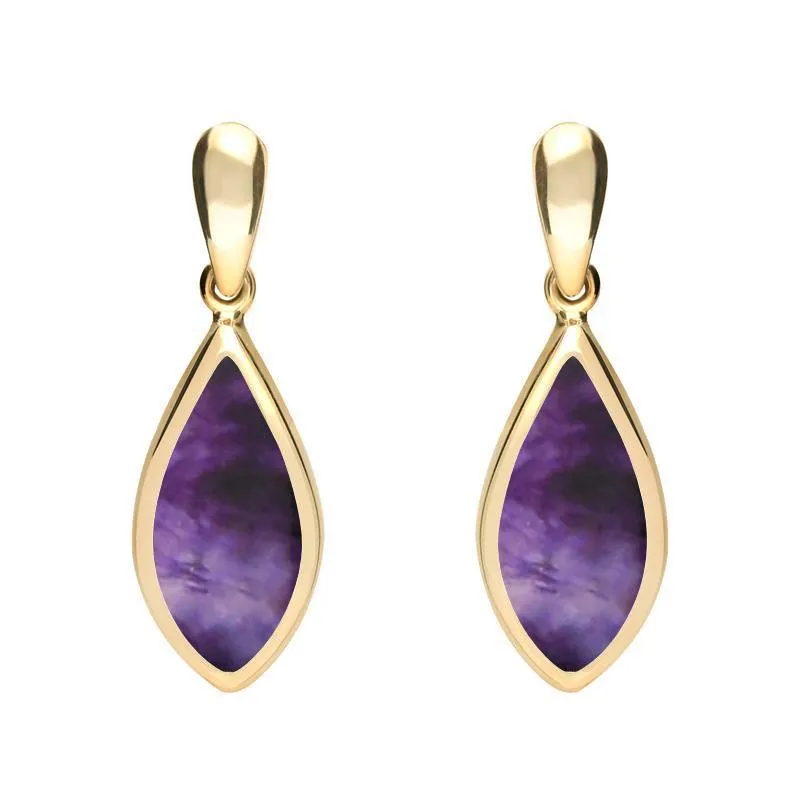 9ct Yellow Gold Blue John Small Pointed Pear Drop Earrings