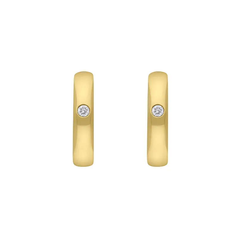9ct Yellow Gold Diamond 13mm Round Domed Hoop Earrings