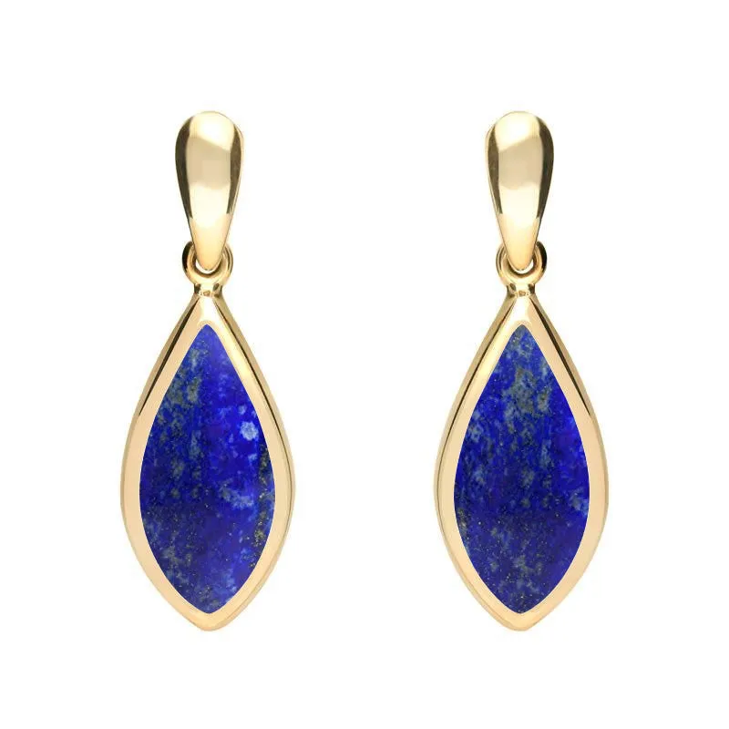 9ct Yellow Gold Lapis Lazuli Small Pointed Pear Drop Earrings