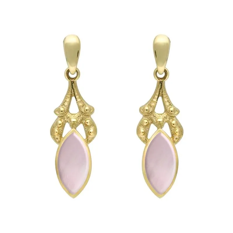 9ct Yellow Gold Pink Mother of Pearl Marquise Drop Earrings