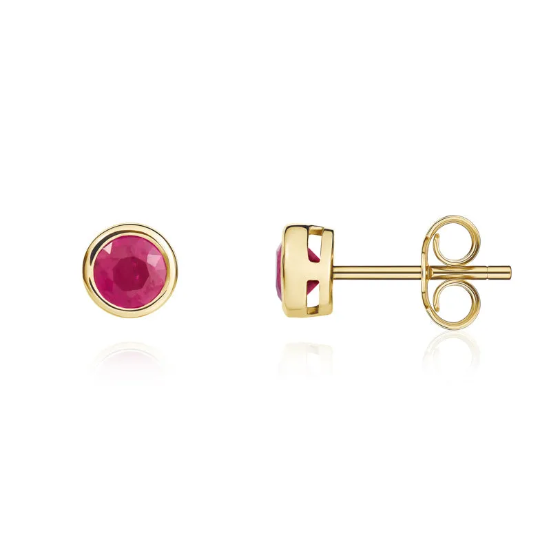 9ct Yellow Gold Ruby 4mm Round Rub Over Set Stud Earrings
