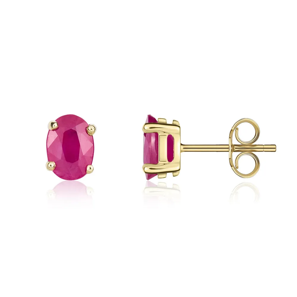 9ct Yellow Gold Ruby 7x5mm Oval Claw Set Stud Earrings