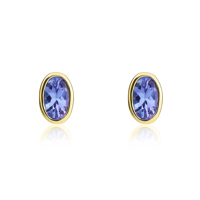 9ct Yellow Gold Tanzanite 5x3mm Oval Rub Over Set Stud Earrings
