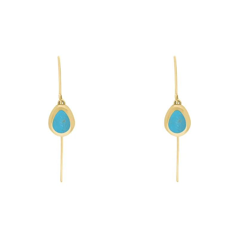 9ct Yellow Gold Turquoise Fleur De Lis Disc Drop Earrings