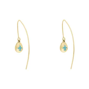 9ct Yellow Gold Turquoise Fleur De Lis Disc Drop Earrings