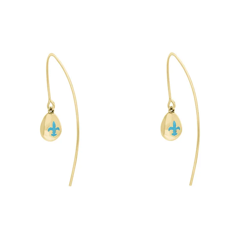 9ct Yellow Gold Turquoise Fleur De Lis Disc Drop Earrings