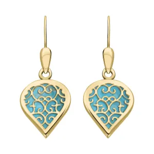 9ct Yellow Gold Turquoise Flore Filigree Heart Drop Earrings