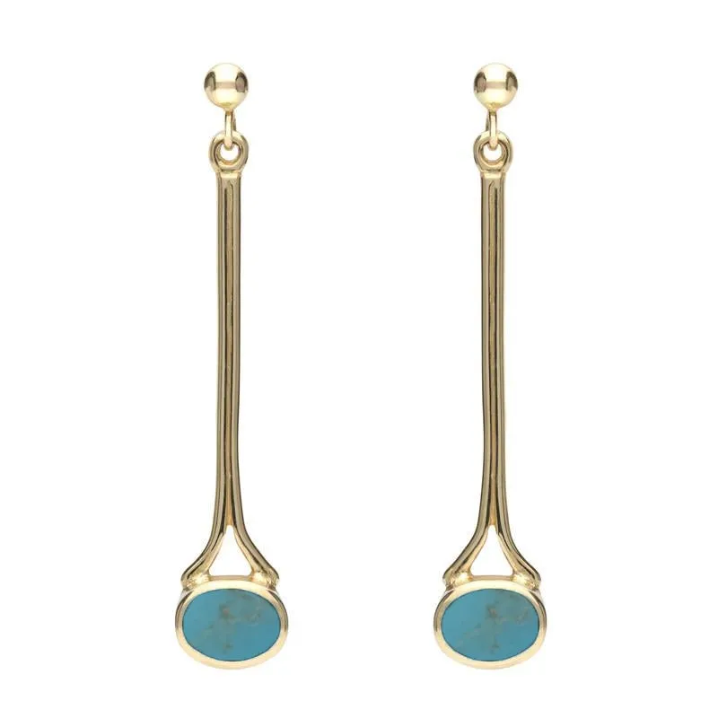 9ct Yellow Gold Turquoise Long Drop Earrings