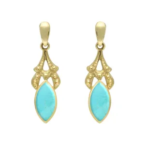9ct Yellow Gold Turquoise Marquise Drop Earrings