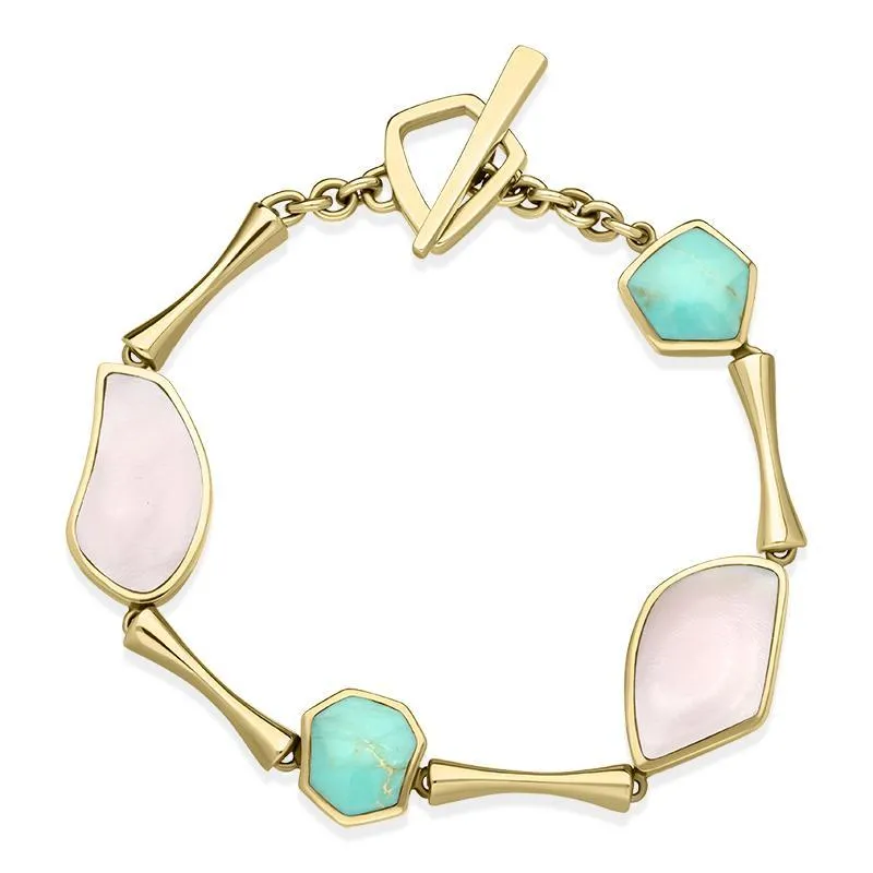 9ct Yellow Gold Turquoise Pink Mother of Pearl Four Stone Concave Pentagon T Bar Bracelet