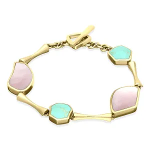 9ct Yellow Gold Turquoise Pink Mother of Pearl Four Stone Concave Pentagon T Bar Bracelet