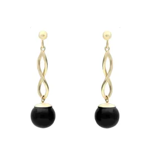 9ct Yellow Gold Whitby Jet 8mm Bead Twist Drop Earrings